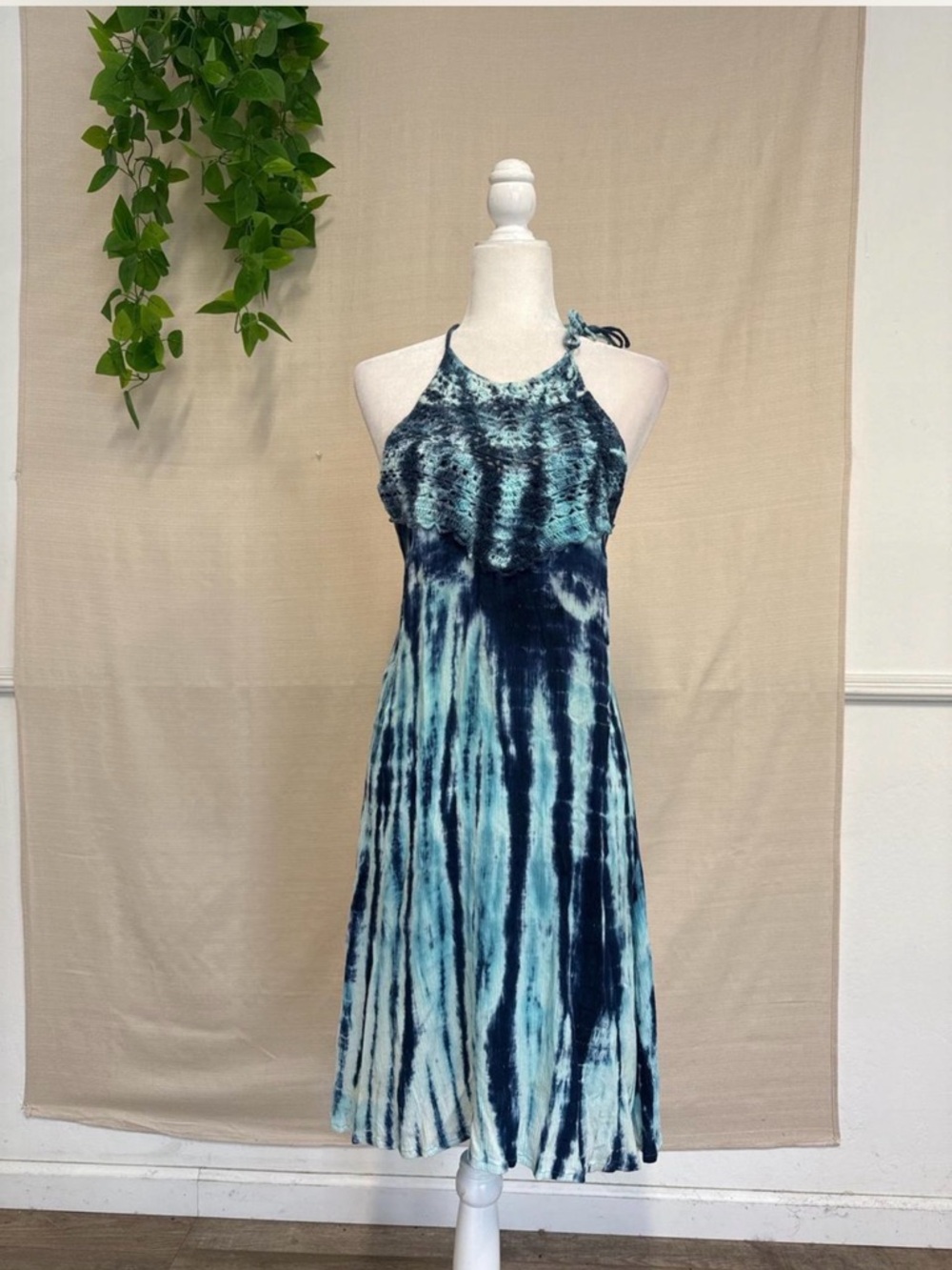 VIDA Teal & Navy Tie-Dye Halter Midi Dress with Smocked Bodice